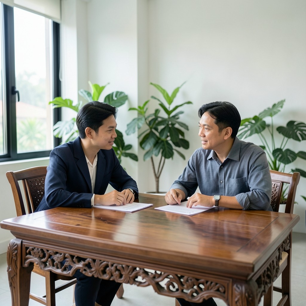 Two Data Workhub colleagues discussing printed outlet notes at a wooden table