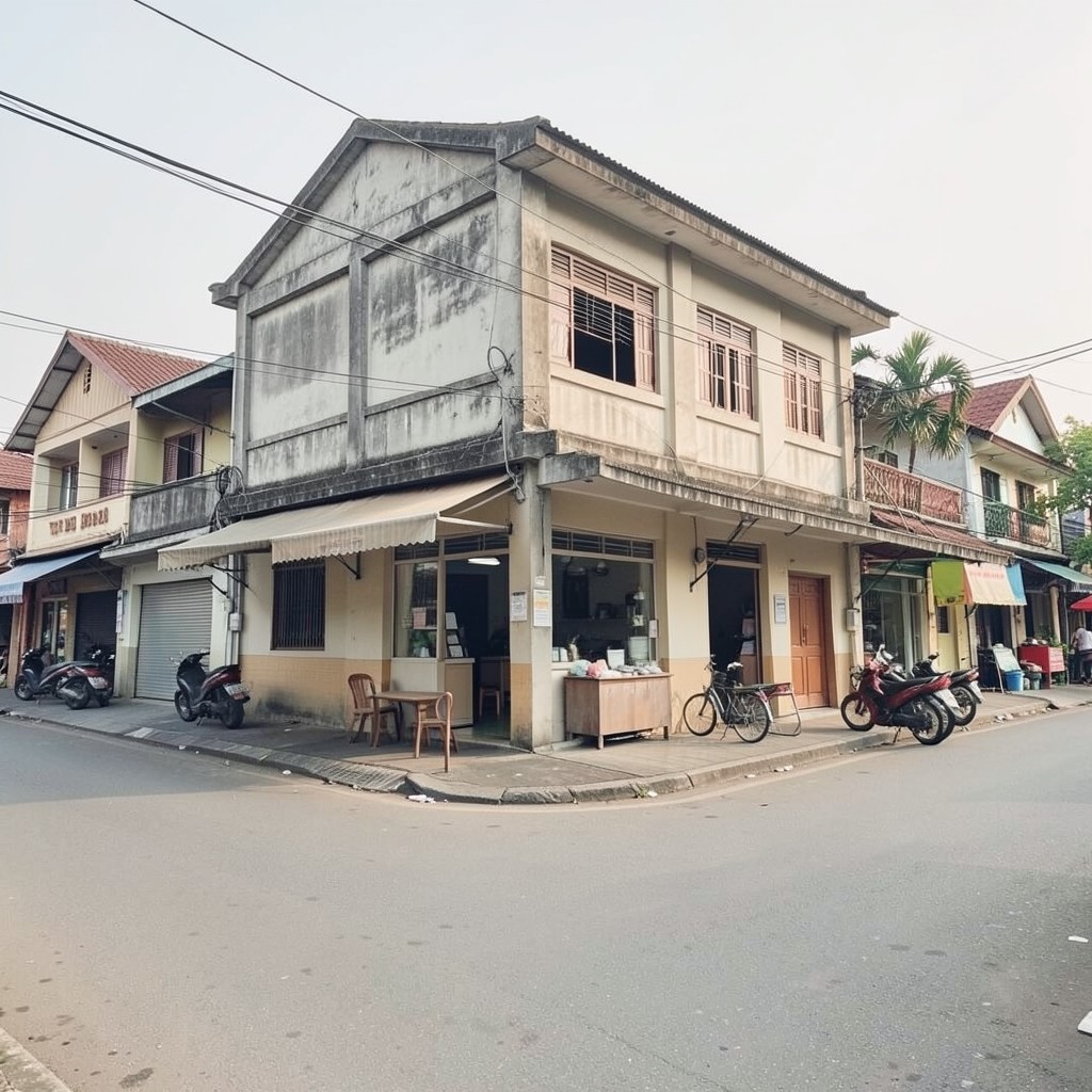 Street view near a quiet provincial commercial building in Suphan Buri