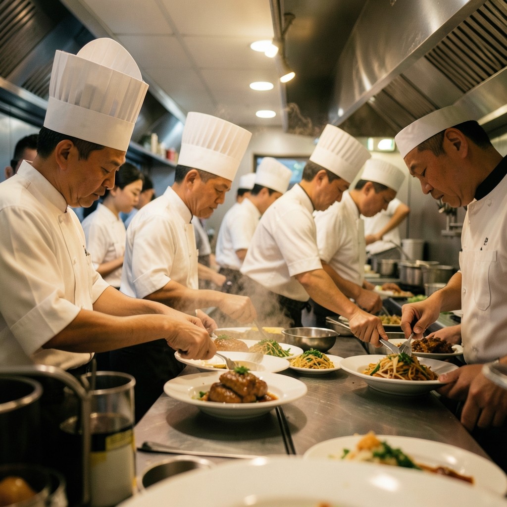 Evening service in a busy Thai restaurant kitchen pass with chefs plating dishes