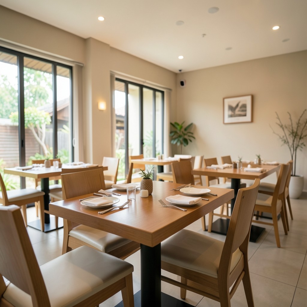 Quiet dining room with set tables in a multi-location Thai restaurant before service