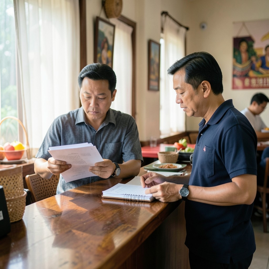 Analyst and restaurant manager reviewing printed location notes at a service counter